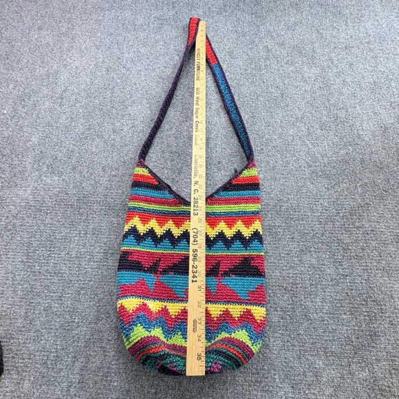 Crochet Shoulder Bag Zigzag Fish Patterned Colorful Long Strap Boho Hippie - Picture 2 of 16